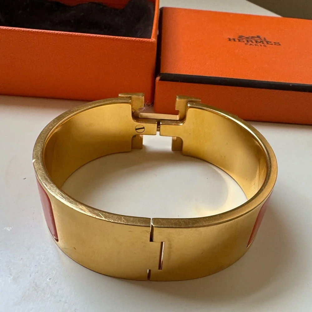 Hermes Orange Enamel Clic H Bracelet with Gold Hardware